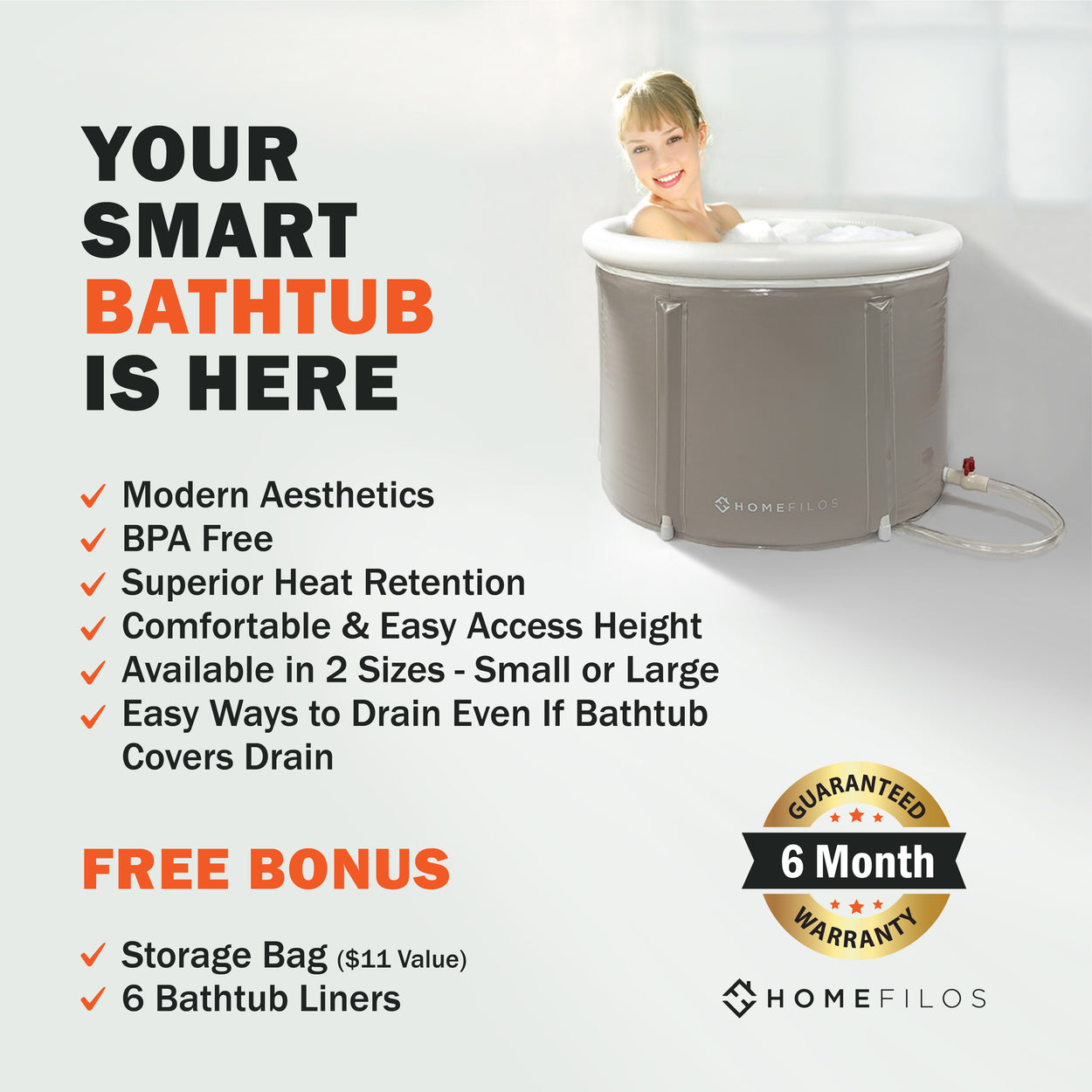 Portable Bathtub (SMALL) by Homefilos, Japanese Soaking Bath Tub for Shower Stall